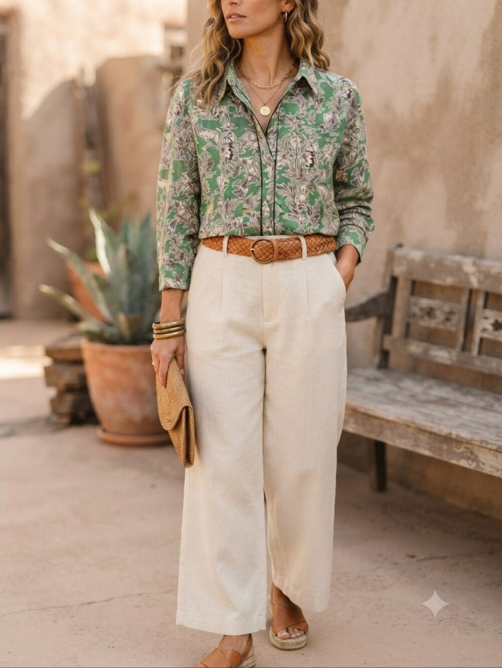 C&C California Green Jungle Botanical Animal Print 100% Linen Button-Down Shirt